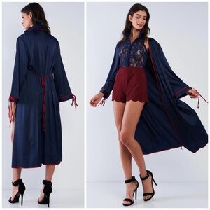 Sugar Lips Blue Satin Kimono Robe Red Trim Tie Sleeve Waist Loungewear Casual